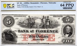 1850s $5 Bank of Florence, Nebraska Obsolete - PCGS 64 PPQ! Stunning Vignettes! - Picture 1 of 3