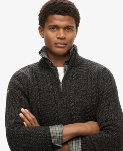 Superdry Vintage Jacob Half Zip 1/4 Jumper black Twist Cable Knit Henley - Picture 1 of 5