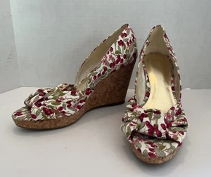 H&M Cork Wedge High Heels Canvas Cherries Peep Toe Size 8 - Picture 1 of 11