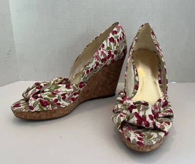 H&M Cork Wedge High Heels Canvas Cherries Peep Toe Size 8 - image 1 of 4