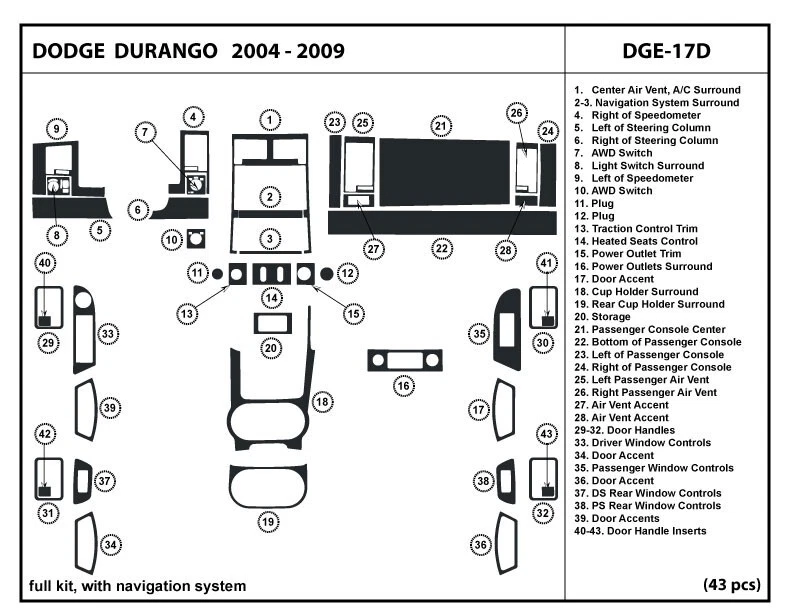 Real Carbon Fiber Dash Trim Kit for Dodge Durango with Navigation 2004-2009 - Image 1 of 1