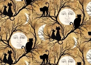 FAT QUARTER CAT SILHOUETTE FABRIC SUSAN WINGET HALLOWEEN MOON MOONLIGHT FQ - Picture 1 of 3