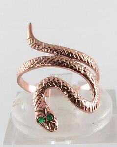 SNAKE 9K 9CT ROSE GOLD SERPENT EMERALD EYES COILED ART DECO INS RING FREE RESIZE