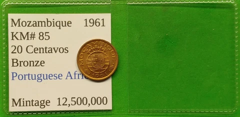 Nice Old Mozambique BU 20 Centavo Coins 1961 Vintage Portugal World Foreign !! Cover