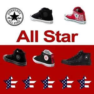 CONVERSE CANVAS LEATHER MID CHUCK TAYLOR "ALL STAR" HI STREET BLACK WHITE UNISEX - Picture 1 of 124