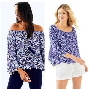 Lilly Pulitzer Delaney Blue Abstract Print Long Sleeves Off Shoulder Blouse M - Picture 1 of 9