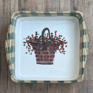 Vietri Square Oven Baking Dish Stripes Basket Red Flowers Earthenware Italy - Picture 1 of 19