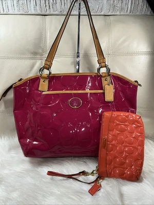 Bolso Coach Rosa Y Muñequera Grande Charol Firma C Cremallera Top 16x11! Foto 1 de 4