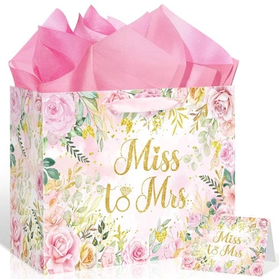 Bolsa de regalo de ducha nupcial floral bolsa de regalos de boda Miss to Mrs con pañuelo y C... Foto 1 de 4