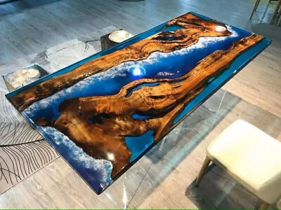 Custom Ocean Wave Epoxy Resin Coffee Table Blue Epoxy Dining Table Epoxy Table - Image 1 of 4