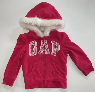 Baby Gap 4 Years Toddler Jacket Fleece Lined Full Zip Pink Sequin Faux Fur Hood - Image 1 of 4