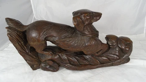 French Antique Large Carved Oak Wood Hunt Theme Sculpture Dog Black Forest Cover