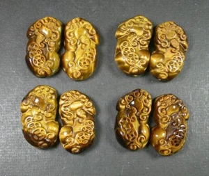 One Pair Real Natural Tigers Eye FengShui Dragon PiXiu Money Coin Amulet Pendant - Picture 1 of 8