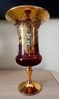Vintage Murano Venetian Glass Ruby Red 24K Gold Gilded Footed Vase Bowl Floral