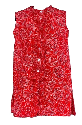 Vintage 1970s red bandana print tunic mini dress, long cotton sleeveless top - Image 1 of 4