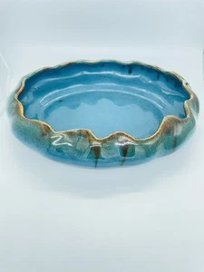 VTG Organic Scalloped Edge Oval California Blue Green Drip Glaze Pottery Planter - Picture 1 of 21