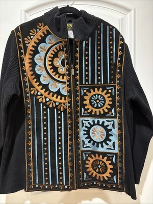 VINTAGE BOB MACKIE ART TO WEAR BLACK SUEDE & KNIT EMBROIDERED ZIP JACKET 2X NWOT - Image 1 of 4