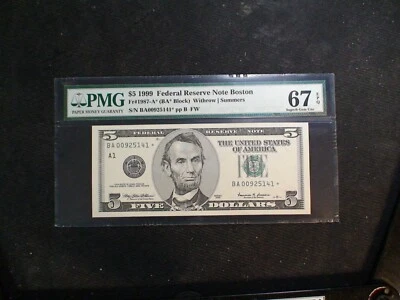 1999 BOSTON Five Dollar PMG SUPERB GEM UNC 67 EPQ Fed Reserve STAR NOTE $5 BILL! - Image 1 of 4