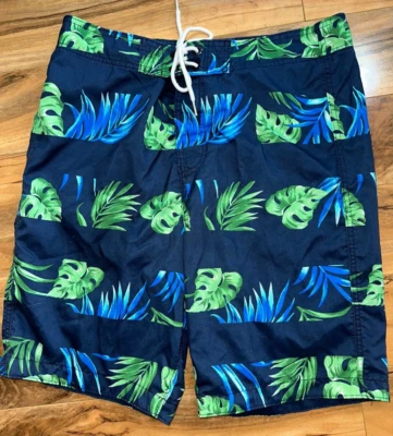 Hollister Men's Navy Blue Green Leaf Pattern Board Swim Shorts Size L Lk Nw! - Image 1 of 4