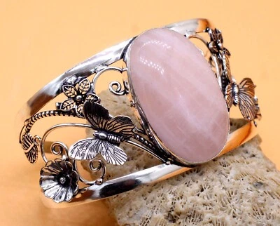 Rose Quartz Gemstone 925 Sterling Silver Handmade Jewelry Cuff Bracelet - Image 1 of 4