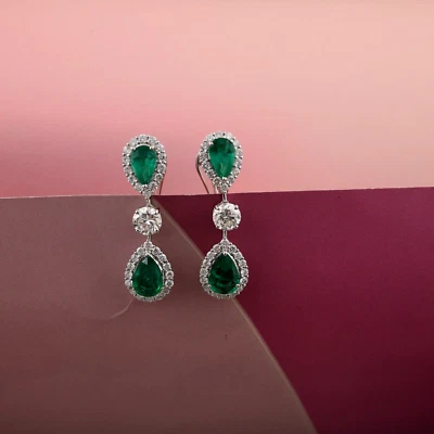 6.66 Tcw Zambian Emerald Lab Grown CVD Diamond Dangle Earrings 14k White Gold - Image 1 of 4
