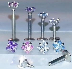16g 4mm SQUARE PRINCESS CUT ~ Prong Set Gem ~Tragus Helix Cartilage Earring Stud - Picture 1 of 8