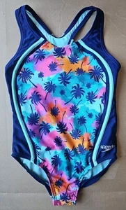 Speedo Girls Swim Suit, Navy/Purple/Teal/Pink, Palm Trees, Sz 8 - Picture 1 of 3