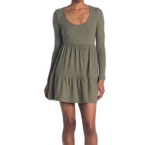 New ROW A Women's XL Green Knit Scoop Neck Long Sleeve Pleated Tiered Mini Dress - Picture 1 of 12