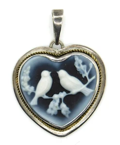 Vintage Italy 925 Sterling Silver Jasperware Birds in Heart Pendant - Picture 1 of 8