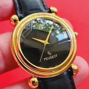 Peugeot Black Dial Watch Unique Lugs Black Leather Band Retro Vintage Mens - Picture 1 of 7