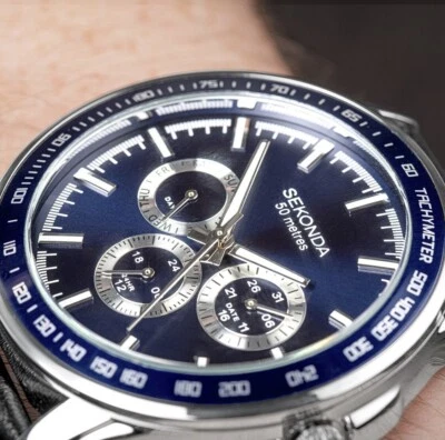 Sekonda Multi-Function Blue Dial Black Leather Strap Watch - Image 1 of 4