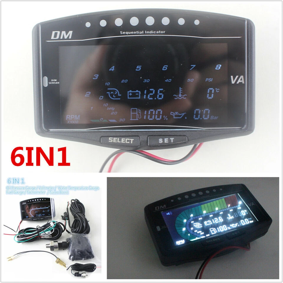 6IN1 Digital Car Voltmeter Oil Pressure/Water Temp/Fuel Gauge/Turbo Boost Gauge — 第 1/4 张图片