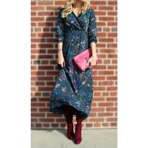 Banana Republic Blue Botanical Floral Faux Wrap Midi Dress Size 10 Pockets ~MINT - Picture 1 of 8