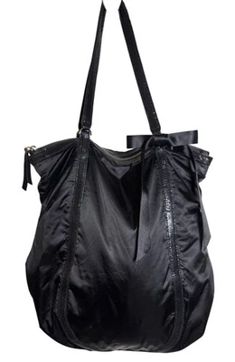 Bolso de Mano Henri Bendel Negro Nylon Cuero Cartera Rayas Interior Cremallera Foto 1 de 4