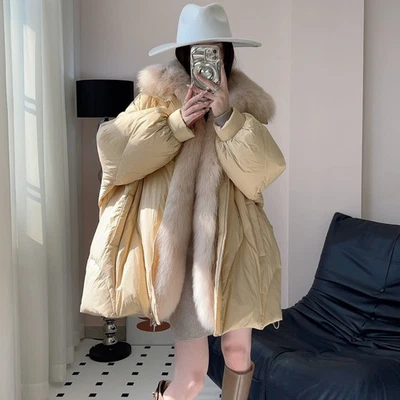 Real Fox Fur Collar Loose White Duck Down Jacket Women's Mid Long Coats Overcoat - Image 1 of 4