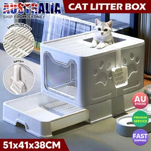 Large Foldable Sturdy Cat Litter Box Kitty Toilet Fully Enclosed Hooded Tray Set - Picture 1 of 10