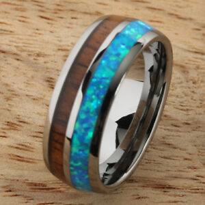Tungsten Carbide inlaid Hawaiian Koa Wood With Opal Ring 8mm (Comfort Fit)