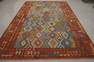 8X11 FT Afghan Red Hand woven Geometric Veg dyes Wool  Kilim Area Rug 8'2x11'5 - Picture 1 of 16