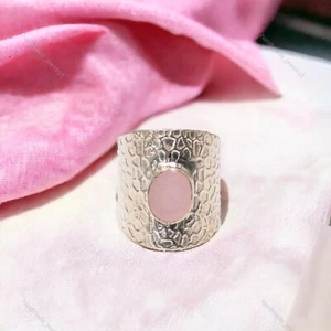 Oval Pink Chalcedony Stone Anniversary Band Promise Ring Sterling Silver US 7 - Picture 1 of 6