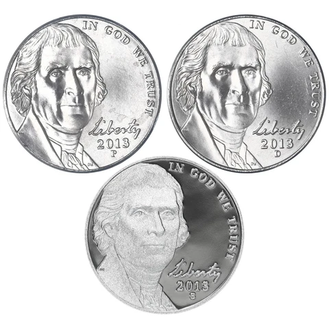 2013 P D S Jefferson Nickel Year Set Proof & BU US 3 Coin Lot Cover