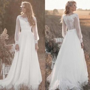 Wedding Dresses Chiffon A Line Boat Neck Lace Up Ruche Long Sleeves Train Custom - Picture 1 of 21