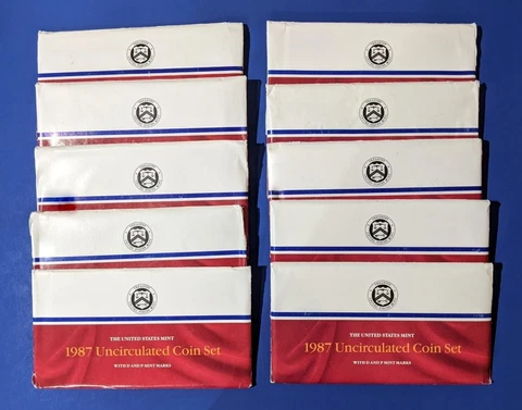 1987  P D MINT SET - Lot of Ten  - 10 Sets - Complete with envelope/COA Cover