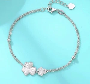 Pure Solid Platinum Beaded Clovers Twin Chain Bracelet, Pt950, 4.4g, elegant new - Picture 1 of 6