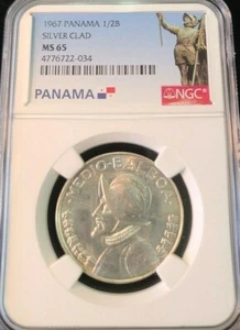 1967 PANAMA SILVER 1/2 BALBOA VASCO NUNEZ DE BALBOA NGC MS 65 LOW MINTAGE GEM BU - Picture 1 of 5