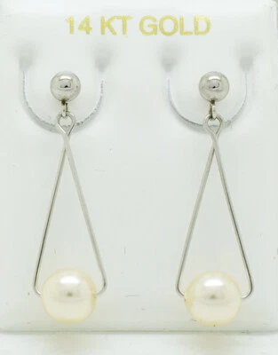 GENUINE  PEARL DANGLING EARRINGS 14K  WHITE GOLD * Free Shipping * Made in USA - Image 1 of 4