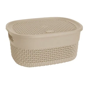 Small Plastic Basket with Lid & Handles Beige Shelf Storage Box Bathroom Kitchen - Picture 1 of 9