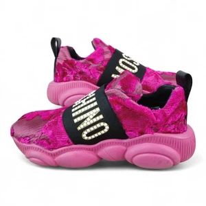 Moschino Teddy Sole Sneakers Pink Velvet Crystal Logo Shoes Size 37 ITALY - Picture 1 of 10