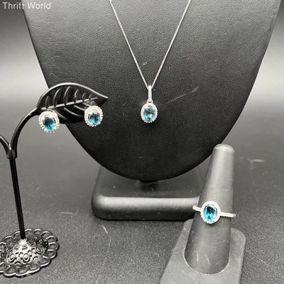 P Star M 925 Sterling Silver Blue Gemstone Halo 3pc Set Ring Sz 7.25 Necklace - Image 1 of 4