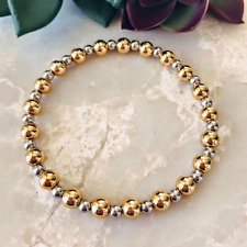 14K Two-Tone Gold Over 3mm -6mm Round Beaded Women's Stretch Stack Ball Bracelet