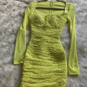 House of CB 'Valentina'Chartreuse Sleeved Ruched Dress Size S - Rhinestoned - Picture 1 of 7